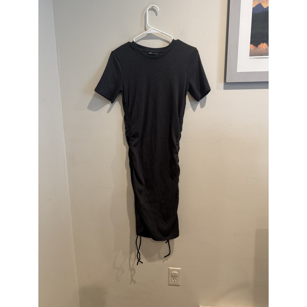 Zara Dress Womens Large Black Short Sleeve Ribbed Knit Midi Ruched Casual Modern